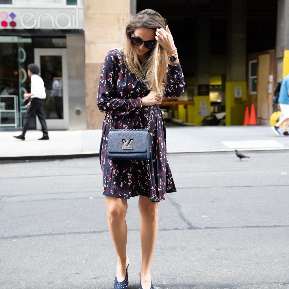 Kate Spade Blue Long Sleeve Elastic Waist Front Button Fox Dress